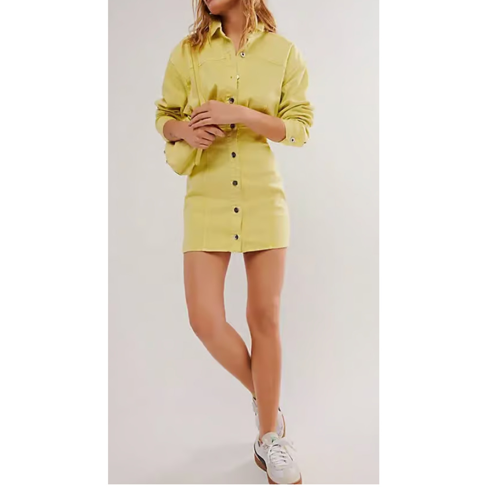 NEW FREE PEOPLE TENDER YELLOW AMBER DENIM BUTTON MINI JEAN DRESS SIZE 0